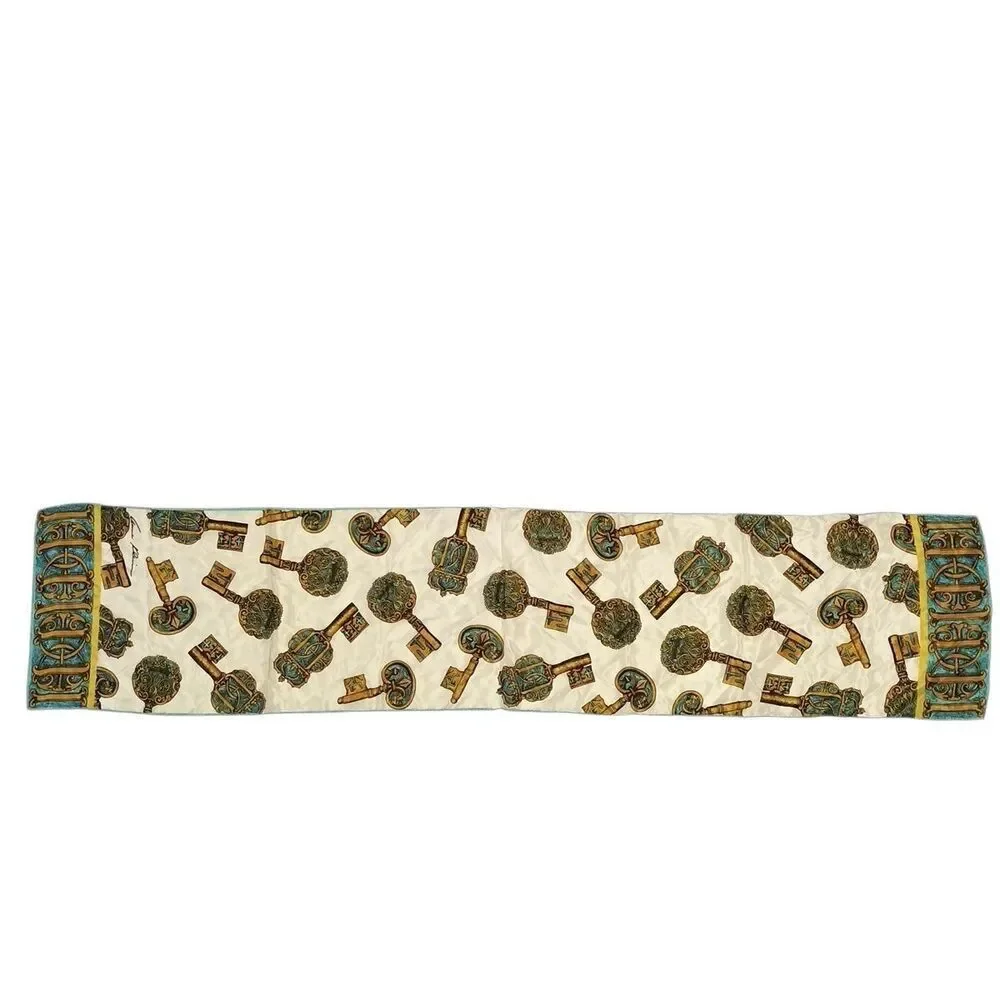 Anne Klein for Vera Co. Scarf Blue Brown Keys Silk Rectangle 51x11 Japan